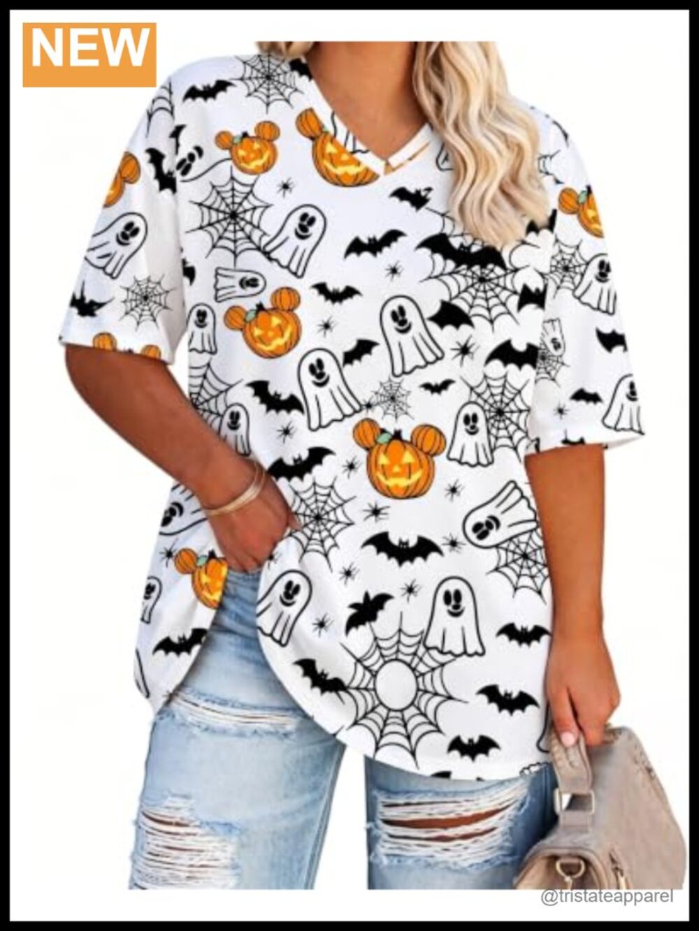 Plus Size Halloween V Neck Short Sleeve T Shirt Spooky Season Top